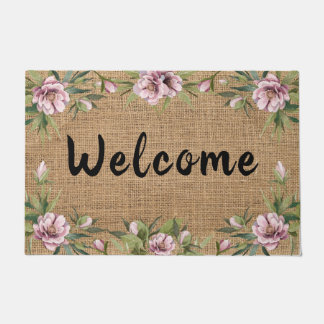Paillasson Peonies roses Vert Floral Ressort Burlap Porte
