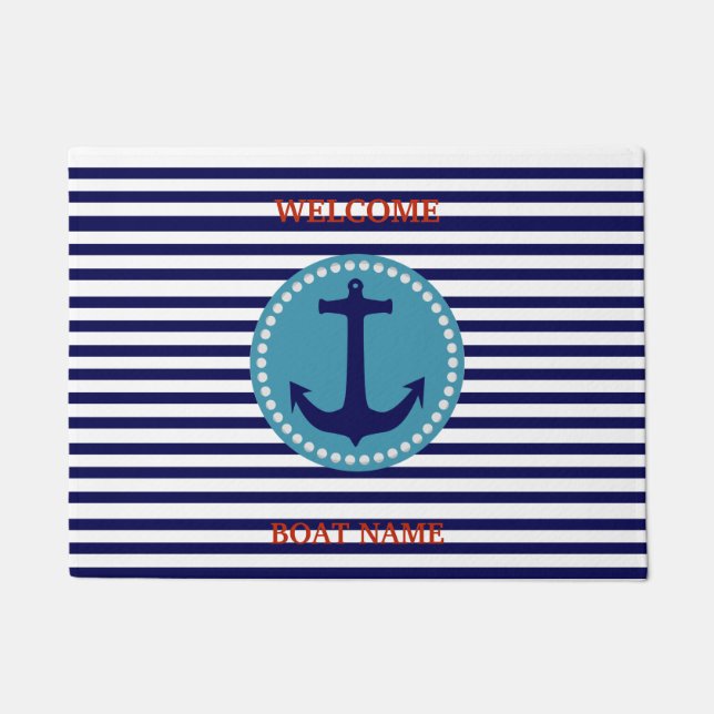 Paillasson Personalize Nautical Blue Welcome Boat Name Stripe (Devant)