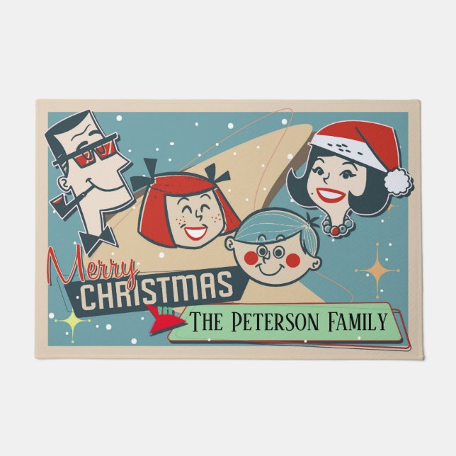 Paillasson Personnalisable Famille Retro Joyeux Noël (Devant)
