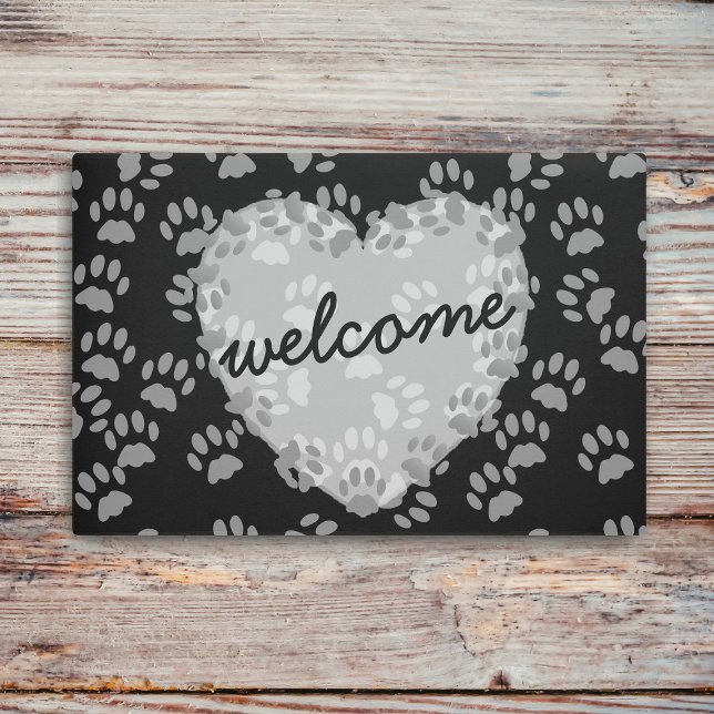 Paillasson Pet Empreinte de patte Heart Welcome Black White D (Paw Print Welcome Doormat just for you)