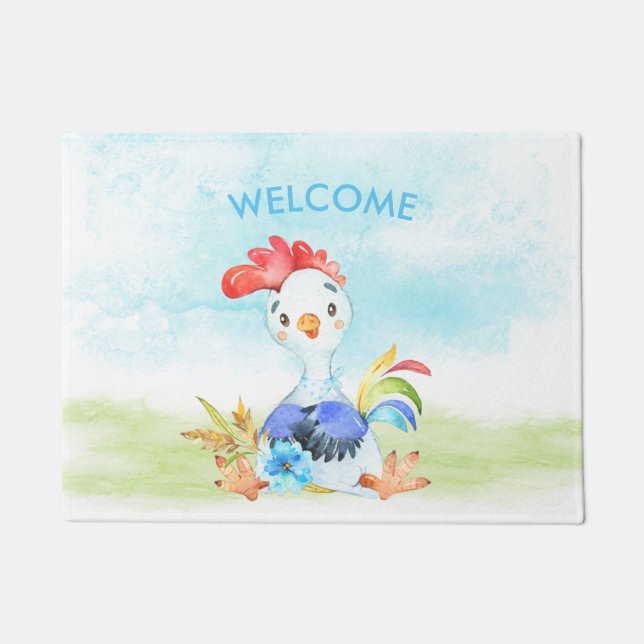 Paillasson Petit coq bleu Watercolor (Devant)