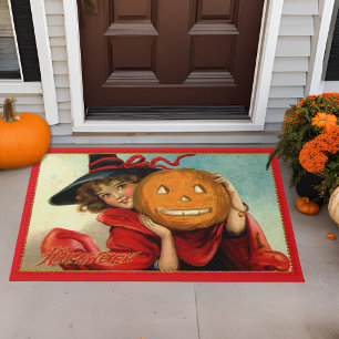 Paillasson Petite sorcière vintage en rouge avec Jack-O-Lante