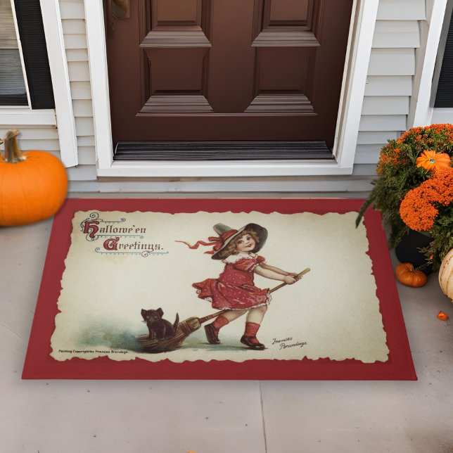 Paillasson Petite sorcière vintage sur Broom Halloween (Vintage Little Girl Witch on Broom Halloween Doormat)