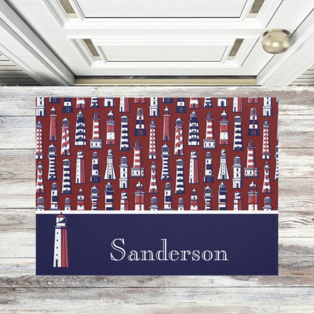 Paillasson Phare rayé Nautique Marine bleu gris rouge (Créateur téléchargé)