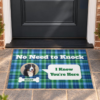 Paillasson Photo de chien Tartan à carreaux bleu et vert Pas