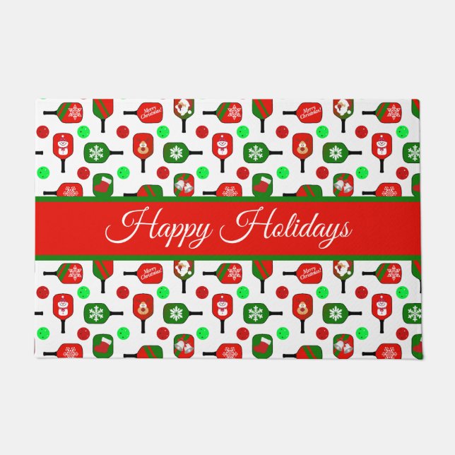 Paillasson Pickleball de Noël Rouge Green Paddles Balls X Mas (Devant)