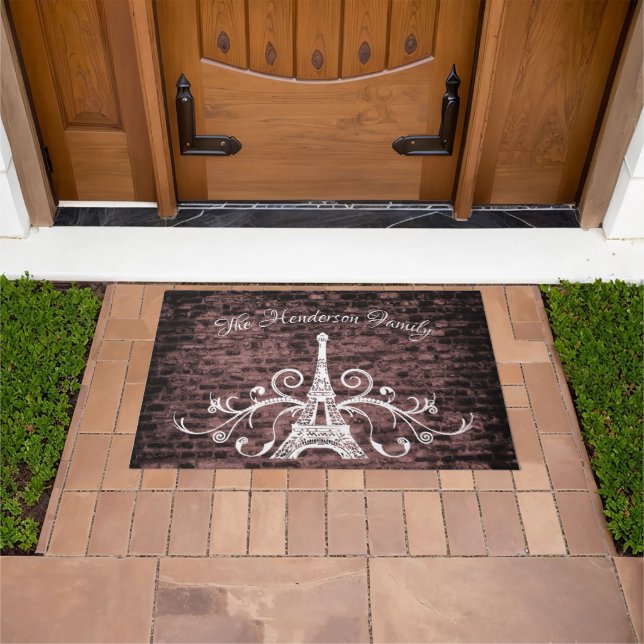 Paillasson Pink Eiffel Tower Grunge Porte personnalisée Mat (De plein air)