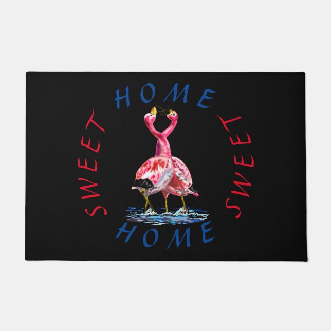 Paillasson Pink Flamant rose mat avec texte Home Sweet Home (Devant)