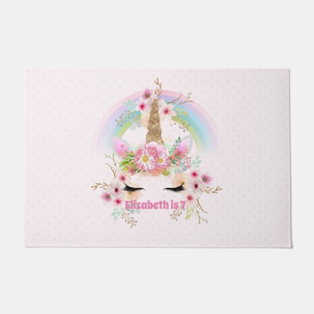 Paillasson Pink Gold UNICORN Fleurs arc-en-ciel Filles NOMMÉE (Devant)