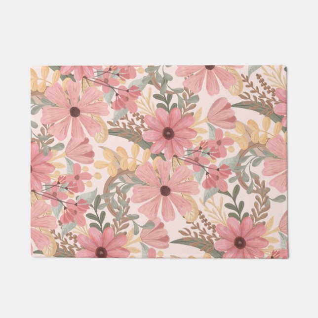 Paillasson Pink Sage Vert Floral Feuille Motif d'aquarelle (Devant)