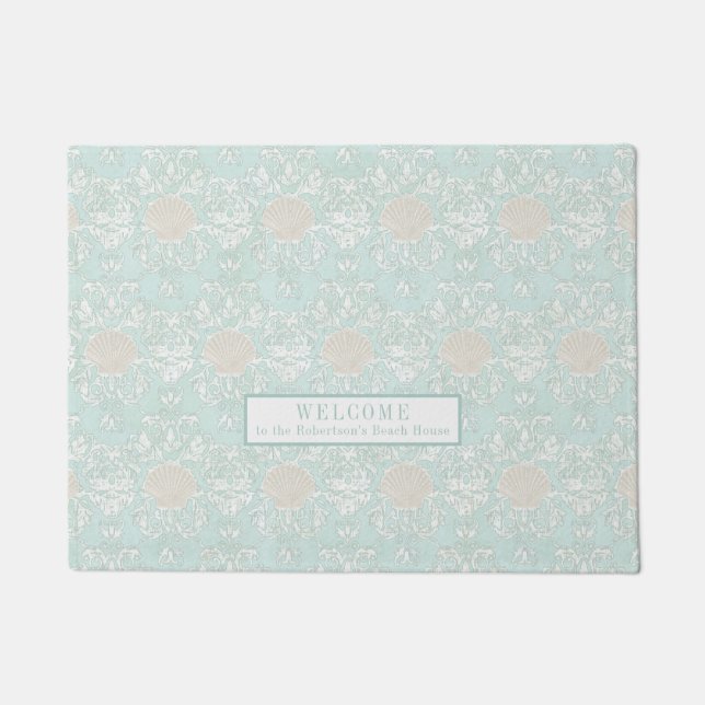 Paillasson Plage Seashells Plage Bleu Blanc Damas motif (Devant)