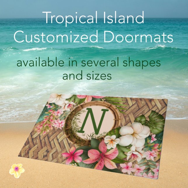 Paillasson Plage tropicale customisée Monogramme (Welcome friends with this monogrammed tropical island faux rattan exotic flowers doormat!)
