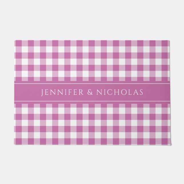 Paillasson Plaid Gingham Moderne Rose Nom  (Devant)
