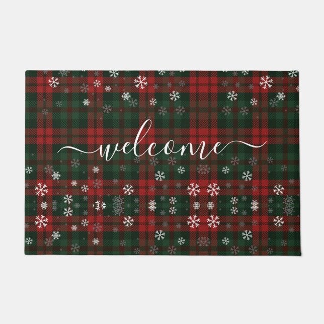 Paillasson Plaid Monogramme Script Flocons de neige Rustique (Devant)