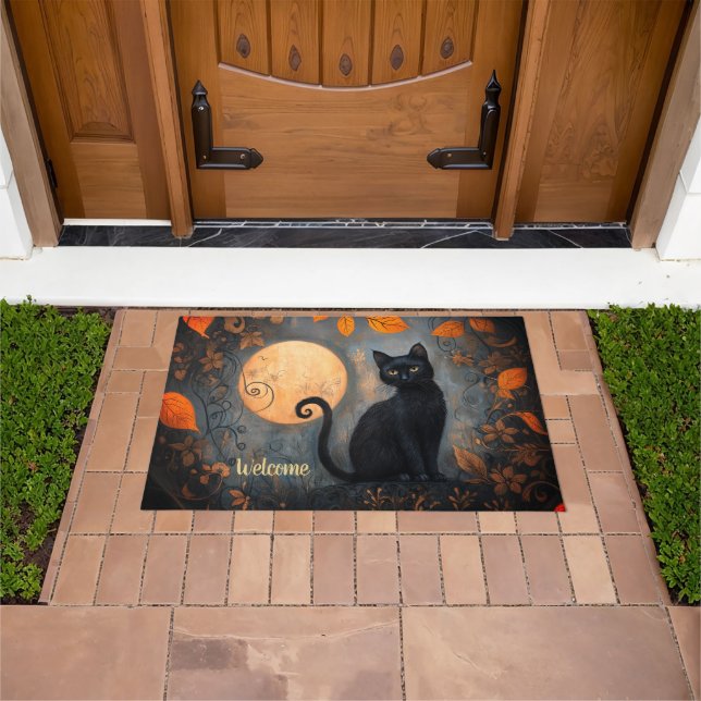 Paillasson Pleine lune de chat noir Ornat Halloween Bienvenue (De plein air)