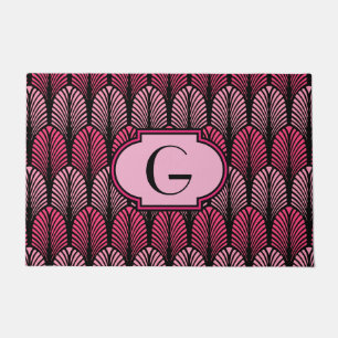 Paillasson Plume stylisée d'art déco, rose et noir fuchsia