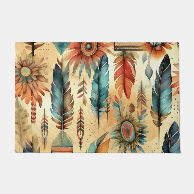 Paillasson Plumes bleues de la tribu Aztec Boho (Devant)