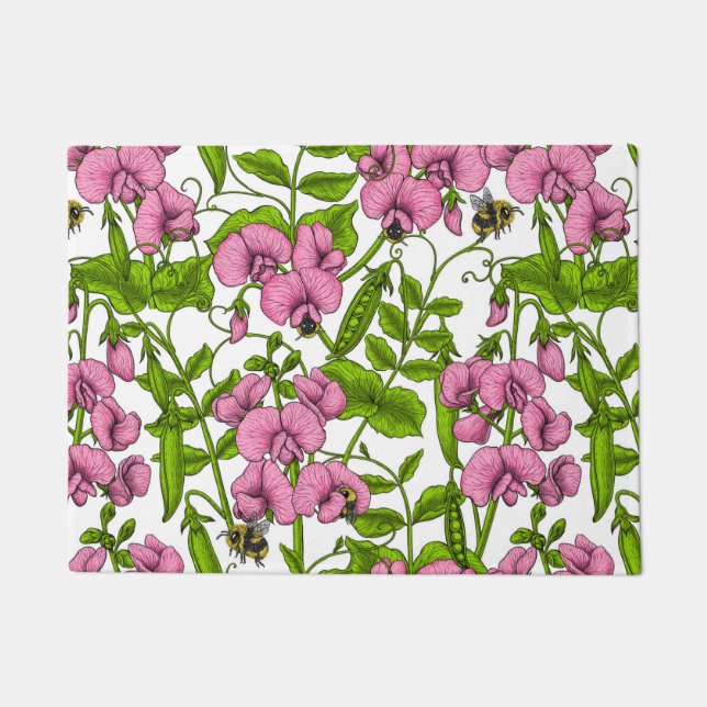 Paillasson Pois doux et bourdons, rose, vert et blanc (Devant)