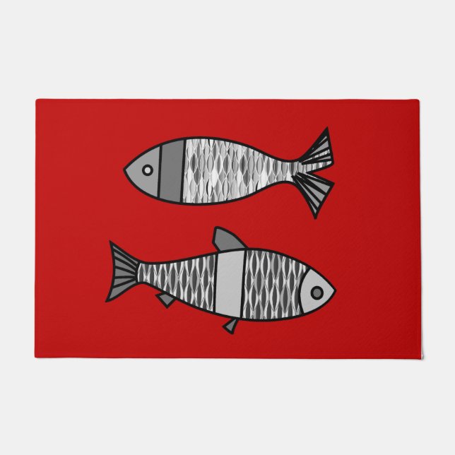 Paillasson Poissons modernes rétro, rouge profond et gris / g (Devant)