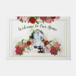 Paillasson Porte de jardin rose Bienvenue à notre maison