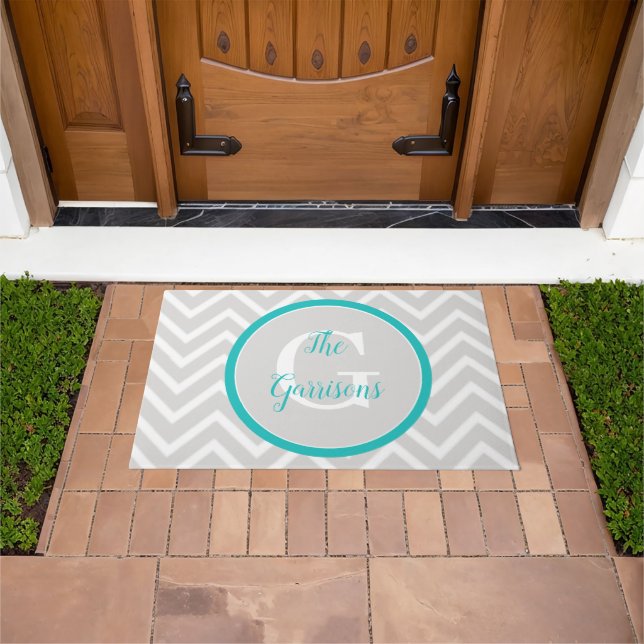 Paillasson Porte turquoise Chevron Monogram (De plein air)