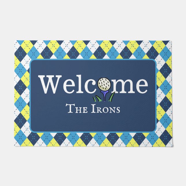 Paillasson Preppy Blue Yellow Jacquard Personnaliser Golf Bie (Devant)