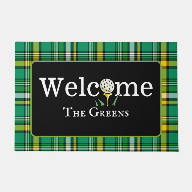 Paillasson Preppy Green et Gold Plaid Golf Welcome Entrée (Devant)