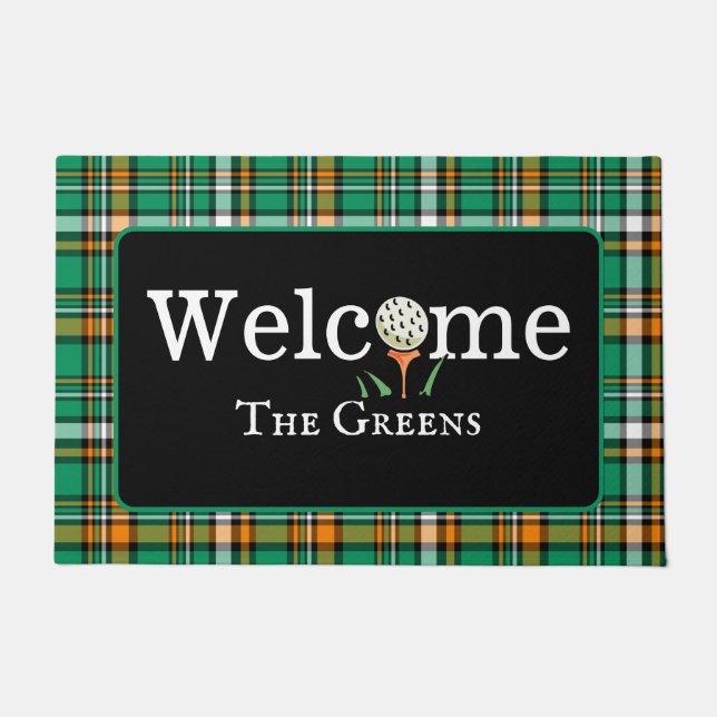Paillasson Preppy Green et Orange Plaid Golf Welcome Entry (Devant)