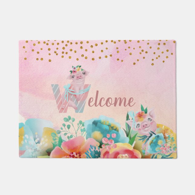 Paillasson Pretty Little Pig Watercolor Illustration Doormat (Devant)