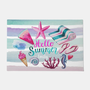 Paillasson Rayures de plage de monogramme d'été d'aquarelle