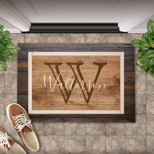 Paillasson Rectangle de monogramme de ton de bois rustique