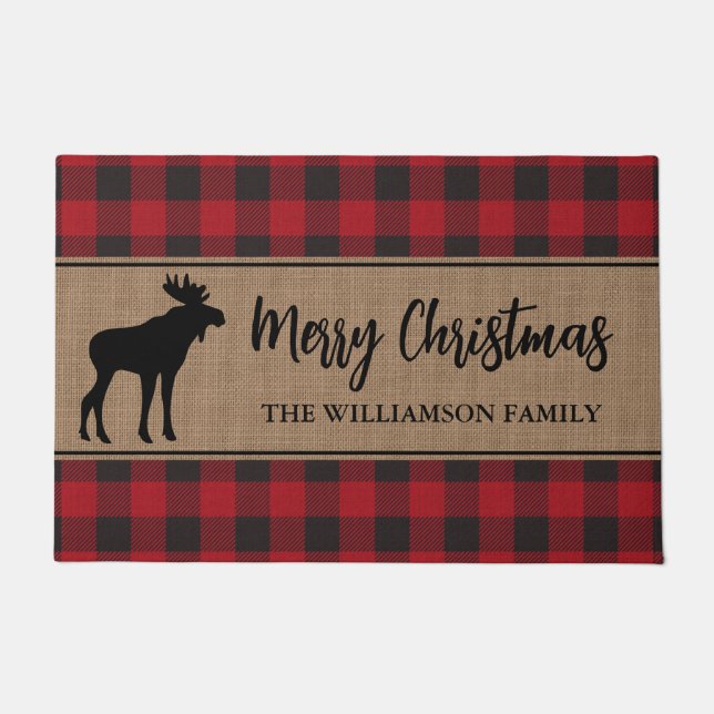 Paillasson Red Buffalo Plaid Joyeux Noël Moose Holiday (Devant)