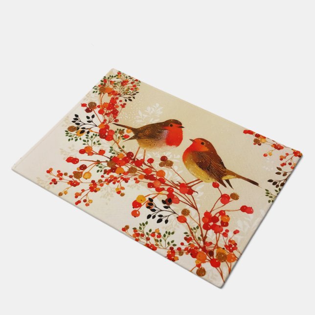 Paillasson Red Gold Winter Birds Holly Berry Branches (Incliné)