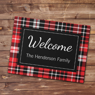 Paillasson Red Plaid Welcome Monogramme Nom de famille Doorma