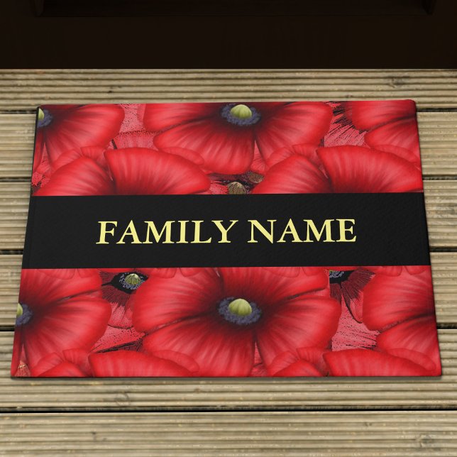 Paillasson Red Poppy Floral Nom de famille mat (Add your family name and pop this pretty poppy doormat at your front door)