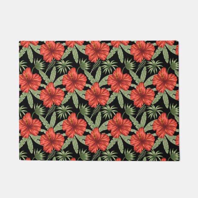 Paillasson Red tropical flowers seamless pattern green leaves (Devant)