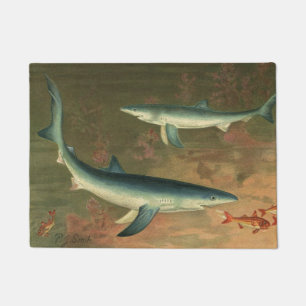 Paillasson Requins Bleus Mangeant des Poissons, Vie Marine Vi