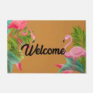 Paillasson Retro Bienvenue Flamants roses tropicaux mat