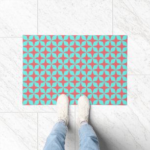Paillasson Rétro turquoise et motif atomique de corail