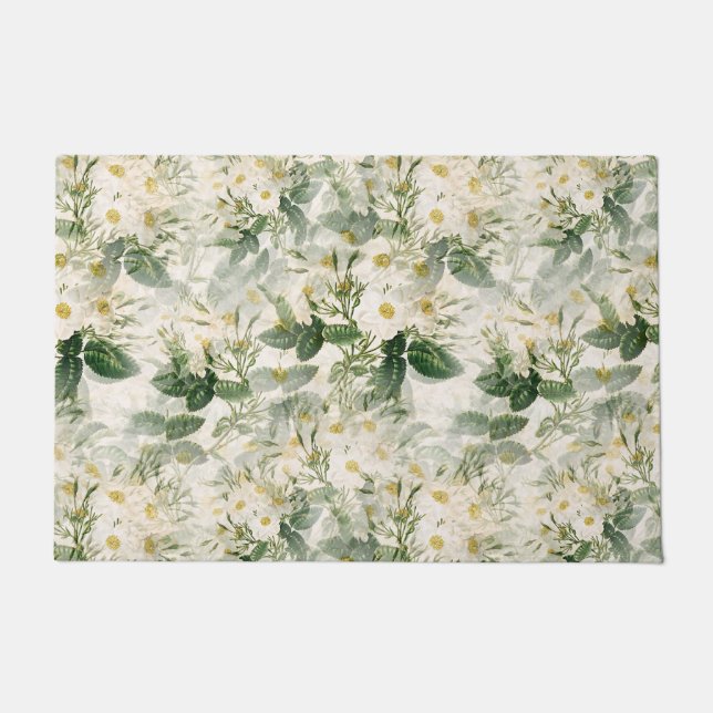 Paillasson Romantique Fleurs blanches douces et Feuilles vert (Devant)