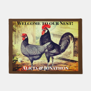 Paillasson Rooster coloré et Hen Bienvenue à notre nid