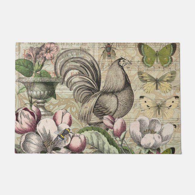 Paillasson Rooster Garden Flower Papillon Art (Devant)