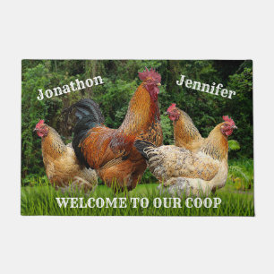 Paillasson Rooster rouge et poules "Bienvenue à notre coopé