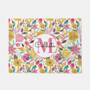 Paillasson Rose doré Feuille Aquarelle Monogramme