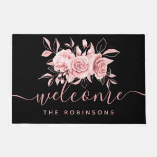 Paillasson Rose Gold Black Floral Welcome Nom de famille 