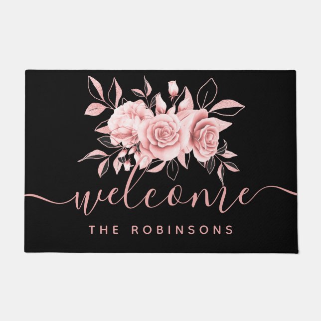 Paillasson Rose Gold Black Floral Welcome Nom de famille  (Devant)