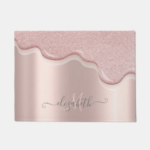 Paillasson Rose Gold Pailleté Élégant Monogramme avec Gouttes