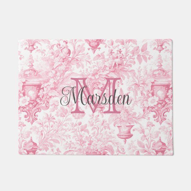 Paillasson Rose Toile de Jouy Monogramme Initial Nom (Devant)