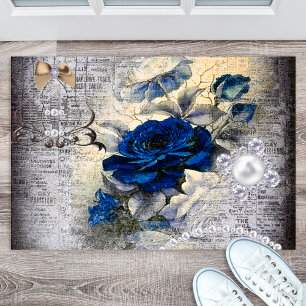 Paillasson Rose victorien bleu foncé Ephemera stylisé