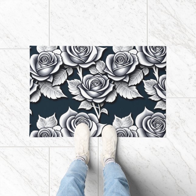 Paillasson Roses Argent Métallisé Avec Feuilles Sarcelle  (Intérieur)